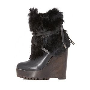 Rachel Zoe Black Faux Fur Platform Wedge Booties